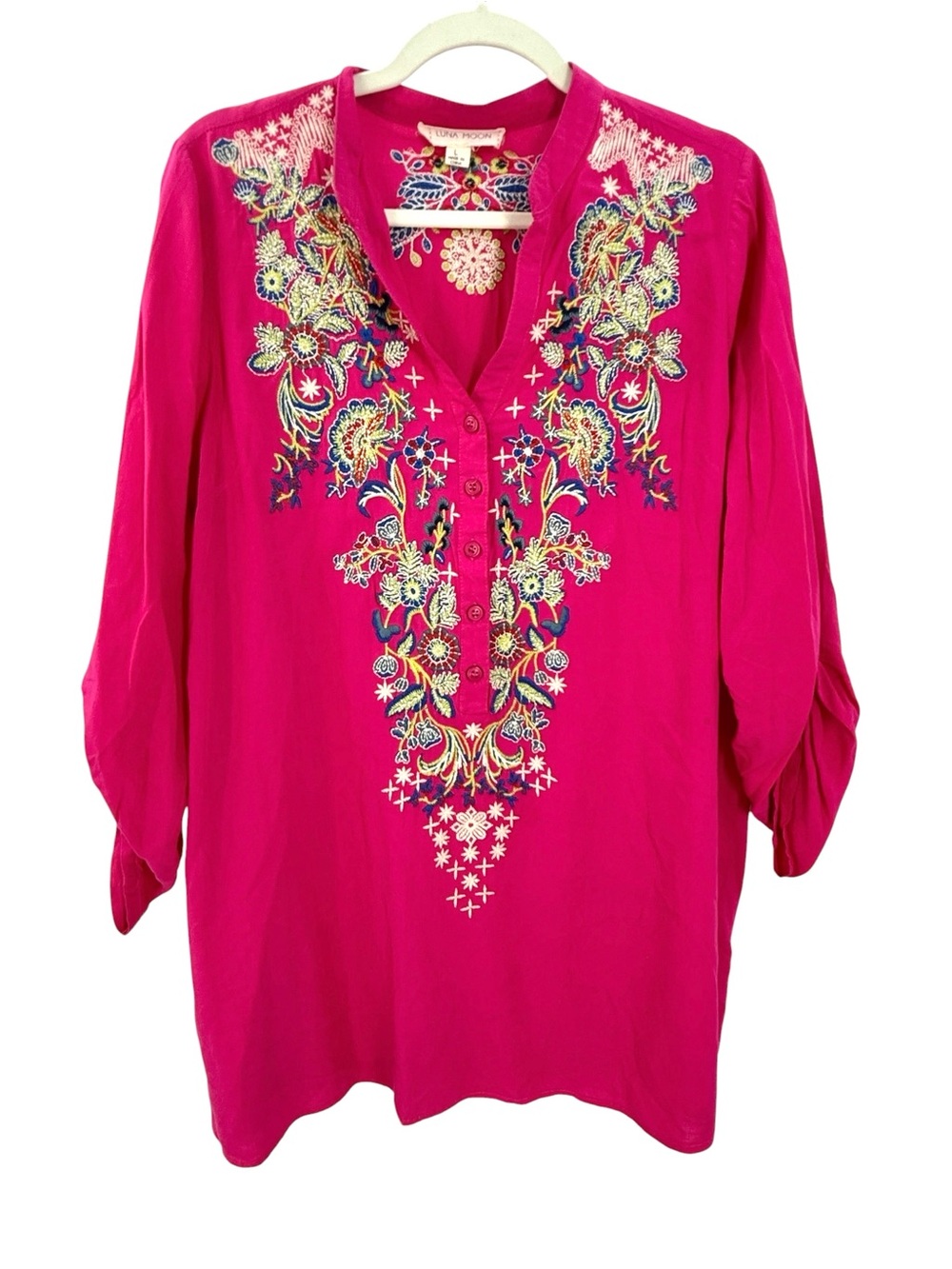 Luna Moon Embroidered Boho Tunic Top Pink Rayon Floral Size L
